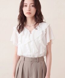 フロントバー付きフリルブラウス