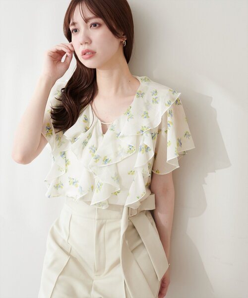 natural couture（ナチュラルクチュール）の「フロントバー付きフリルブラウス（シャツ/ブラウス・レディース・ラベンダー/オフホワイト/その他1/イエロー/ネイビー・FREE）」の8枚目の写真
