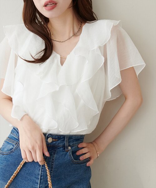 natural couture（ナチュラルクチュール）の「フロントバー付きフリルブラウス（シャツ/ブラウス・レディース・ラベンダー/オフホワイト/その他1/イエロー/ネイビー・FREE）」の11枚目の写真