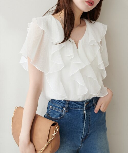 natural couture（ナチュラルクチュール）の「フロントバー付きフリルブラウス（シャツ/ブラウス・レディース・ラベンダー/オフホワイト/その他1/イエロー/ネイビー・FREE）」の12枚目の写真