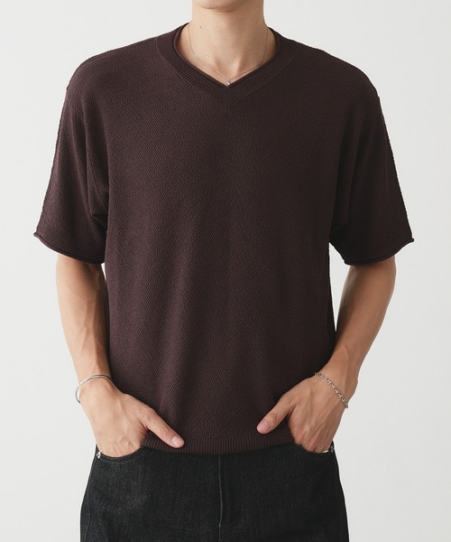 Adoon plain(アドーンプレーン)の「浅Vネック鹿の子ライクT(Tシャツ/カットソー・メンズ・アイボリー/ブラウン/チャコールグレー・LARGE/MEDIUM)」の3枚目の写真