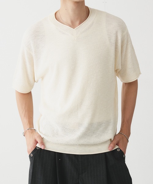 Adoon plain(アドーンプレーン)の「浅Vネック鹿の子ライクT(Tシャツ/カットソー・メンズ・アイボリー/ブラウン/チャコールグレー・LARGE/MEDIUM)」の2枚目の写真