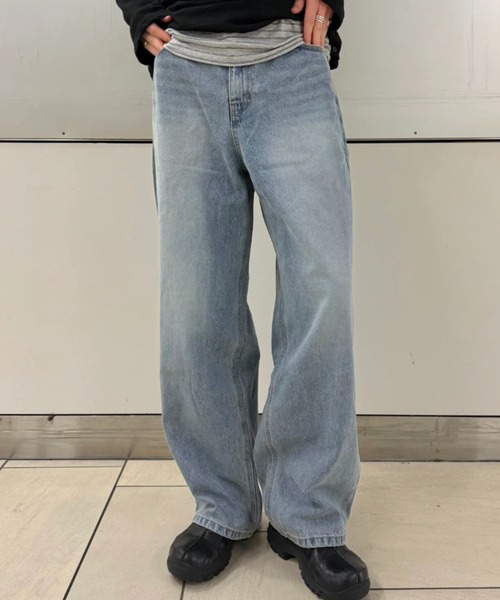 Chikashitsu +(チカシツプラス)の「【Chikashitsu +】washed wide straight denim pants (2color) / 【チカシツプラス】ウォッシュドワイドストレートデニムパンツ<着用動画あり>(デニムパンツ・メンズ・ダークブルー/ライトブルー・S)」の3枚目の写真