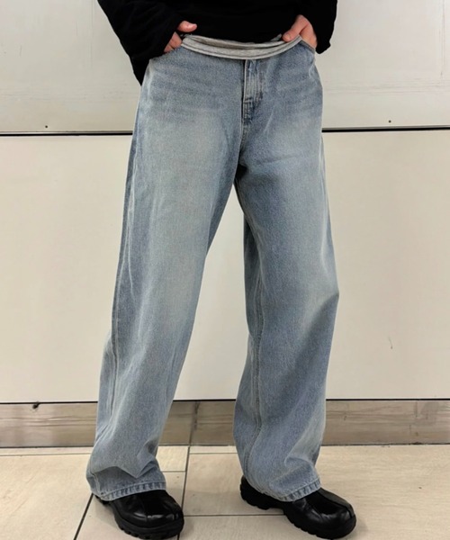 Chikashitsu +(チカシツプラス)の「【Chikashitsu +】washed wide straight denim pants (2color) / 【チカシツプラス】ウォッシュドワイドストレートデニムパンツ<着用動画あり>(デニムパンツ・メンズ・ダークブルー/ライトブルー・S)」の4枚目の写真