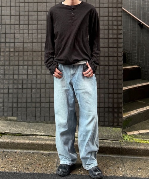 Chikashitsu +(チカシツプラス)の「【Chikashitsu +】washed wide straight denim pants (2color) / 【チカシツプラス】ウォッシュドワイドストレートデニムパンツ<着用動画あり>(デニムパンツ・メンズ・ダークブルー/ライトブルー・S)」の5枚目の写真