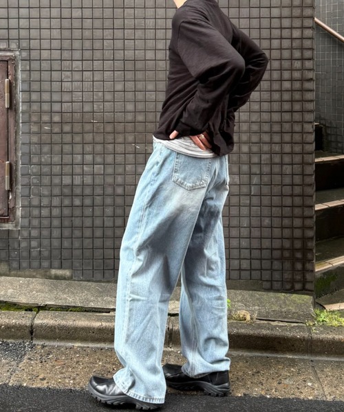 Chikashitsu +(チカシツプラス)の「【Chikashitsu +】washed wide straight denim pants (2color) / 【チカシツプラス】ウォッシュドワイドストレートデニムパンツ<着用動画あり>(デニムパンツ・メンズ・ダークブルー/ライトブルー・S)」の7枚目の写真