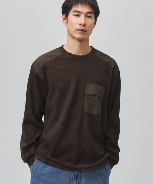 TIGORA(ティゴラ)の「ティゴラ TIGORA ワッフルポケットロングTシャツ(Tシャツ/カットソー・メンズ・ブラウン/チャコールグレー/オフホワイト/ネイビー・L/S/M/LL/3L)」の1枚目の写真