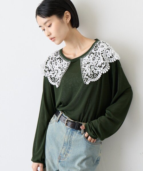 CIAOPANIC TYPY(チャオパニックティピー)の「∴ビッグレースカラードッキングシアーTee(Tシャツ/カットソー・レディース・オフホワイト/ブラック/ブラウン/グリーン・ONE SIZE)」の4枚目の写真