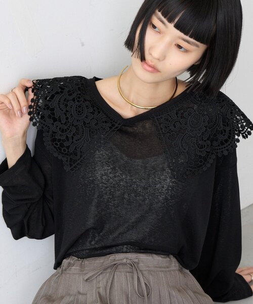 CIAOPANIC TYPY(チャオパニックティピー)の「∴ビッグレースカラードッキングシアーTee(Tシャツ/カットソー・レディース・オフホワイト/ブラック/ブラウン/グリーン・ONE SIZE)」の2枚目の写真
