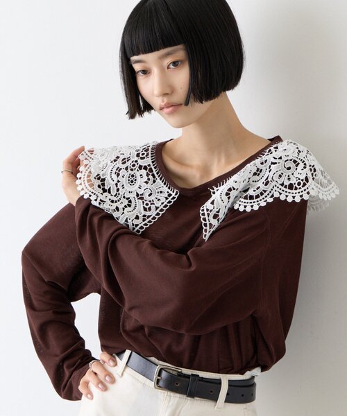 CIAOPANIC TYPY(チャオパニックティピー)の「∴ビッグレースカラードッキングシアーTee(Tシャツ/カットソー・レディース・オフホワイト/ブラック/ブラウン/グリーン・ONE SIZE)」の17枚目の写真