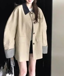 AMAJI（アマジ）の「トレンチ風 チェック柄切替 ショート丈ジャケット（トレンチコート）」