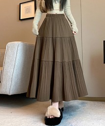 プリーツティアードフレアロングスカート ウエストゴム マキシスカート