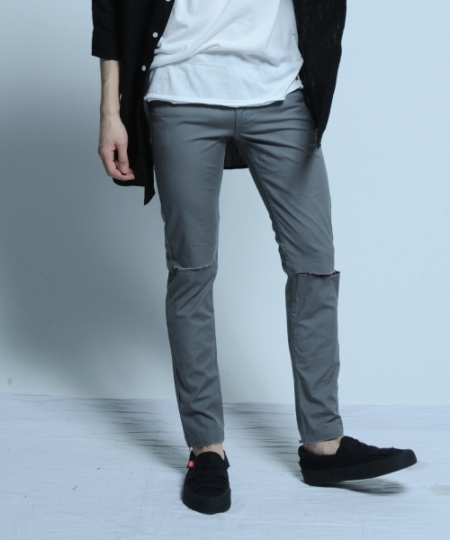 VIRGOwearworks(ヴァルゴウェアワークス)の「DAMAGE EVERY 9(チノパンツ・メンズ・ブラック/グレー・3/2/4)」の1枚目の写真