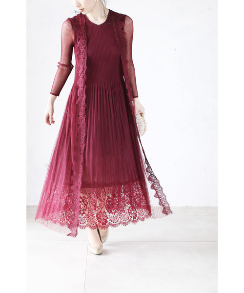 cawaii（カワイイ）の「動く度揺らめく美レース。アコーディオンプリーツワンピース（ワンピース・レディース・レッド・FREE）」の6枚目の写真