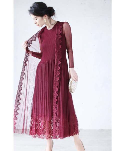 cawaii（カワイイ）の「動く度揺らめく美レース。アコーディオンプリーツワンピース（ワンピース・レディース・レッド・FREE）」の3枚目の写真