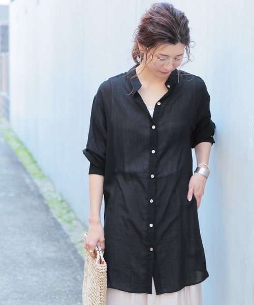 reca（レカ）の「バンドカラーシアーロングシャツ（シャツ/ブラウス・レディース・ブラック/オフホワイト/ピンク・M）」の2枚目の写真