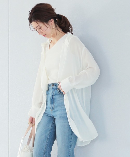 reca（レカ）の「バンドカラーシアーロングシャツ（シャツ/ブラウス・レディース・ブラック/オフホワイト/ピンク・M）」の4枚目の写真