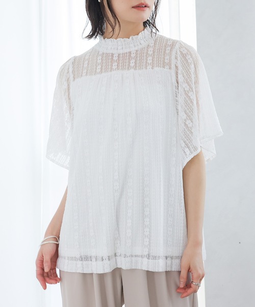 osharewalker（オシャレウォーカー）の「『スタンドネック総レース半袖ブラウス』（シャツ/ブラウス・レディース・オフホワイト/ブラック・2/1）」の4枚目の写真