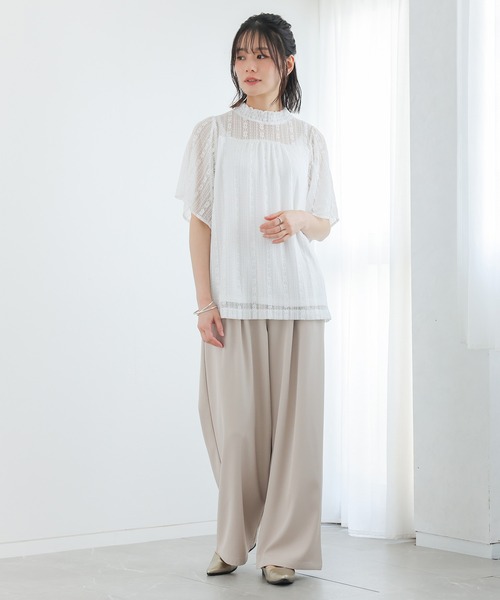 osharewalker（オシャレウォーカー）の「『スタンドネック総レース半袖ブラウス』（シャツ/ブラウス・レディース・オフホワイト/ブラック・2/1）」の6枚目の写真