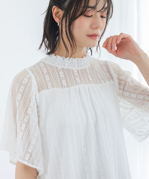 osharewalker（オシャレウォーカー）の「『スタンドネック総レース半袖ブラウス』（シャツ/ブラウス・レディース・オフホワイト/ブラック・2/1）」の12枚目の写真