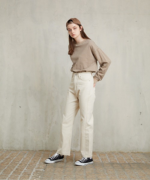 flaner（フラネ）の「ルーズボーダーロンTee（Tシャツ/カットソー・レディース・カーキ/ベージュ/ブラウン/ブラック/グリーン・FREE）」の8枚目の写真