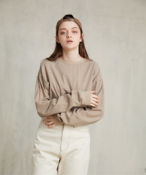 flaner（フラネ）の「ルーズボーダーロンTee（Tシャツ/カットソー・レディース・カーキ/ベージュ/ブラウン/ブラック/グリーン・FREE）」の12枚目の写真