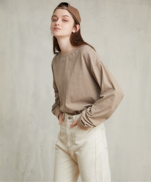 flaner（フラネ）の「ルーズボーダーロンTee（Tシャツ/カットソー・レディース・カーキ/ベージュ/ブラウン/ブラック/グリーン・FREE）」の11枚目の写真