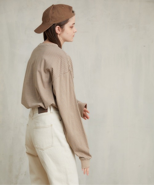 flaner（フラネ）の「ルーズボーダーロンTee（Tシャツ/カットソー・レディース・カーキ/ベージュ/ブラウン/ブラック/グリーン・FREE）」の10枚目の写真