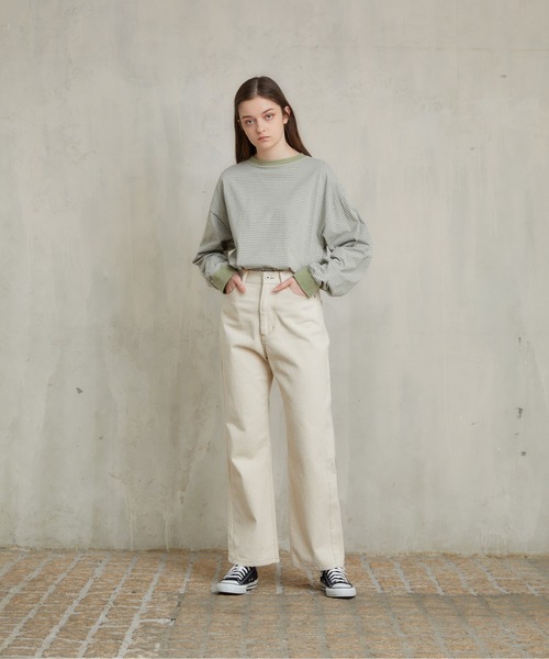 flaner（フラネ）の「ルーズボーダーロンTee（Tシャツ/カットソー・レディース・カーキ/ベージュ/ブラウン/ブラック/グリーン・FREE）」の17枚目の写真