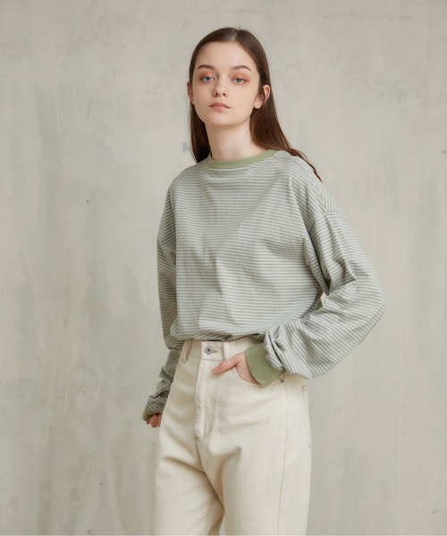 flaner（フラネ）の「ルーズボーダーロンTee（Tシャツ/カットソー・レディース・カーキ/ベージュ/ブラウン/ブラック/グリーン・FREE）」の20枚目の写真