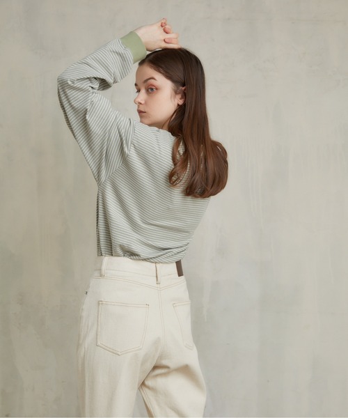 flaner（フラネ）の「ルーズボーダーロンTee（Tシャツ/カットソー・レディース・カーキ/ベージュ/ブラウン/ブラック/グリーン・FREE）」の18枚目の写真