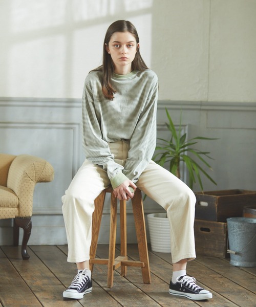 flaner（フラネ）の「ルーズボーダーロンTee（Tシャツ/カットソー・レディース・カーキ/ベージュ/ブラウン/ブラック/グリーン・FREE）」の22枚目の写真