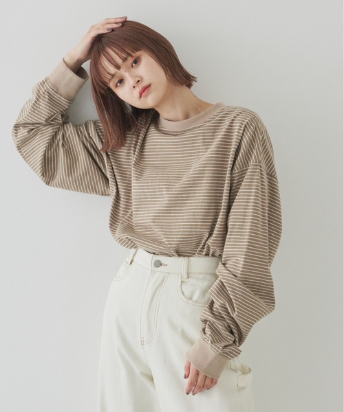 flaner（フラネ）の「ルーズボーダーロンTee（Tシャツ/カットソー・レディース・カーキ/ベージュ/ブラウン/ブラック/グリーン・FREE）」の6枚目の写真