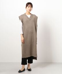 ダメージ加工Vネックロングニットベスト