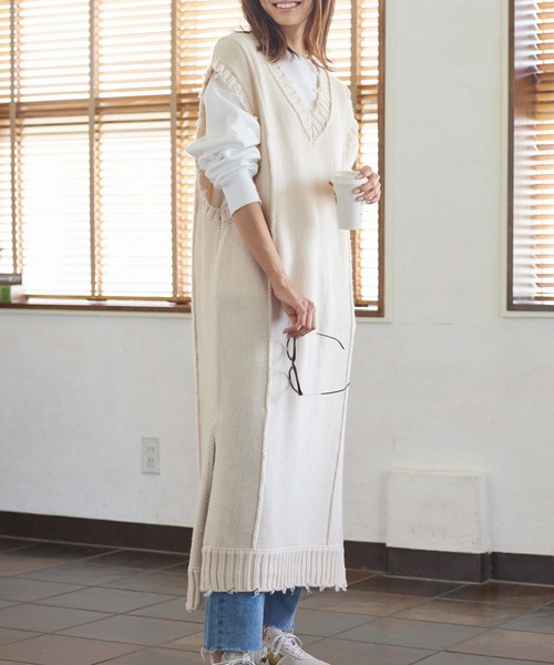 セール】ダメージ加工Vネックロングニットベスト（ベスト）｜KOBE