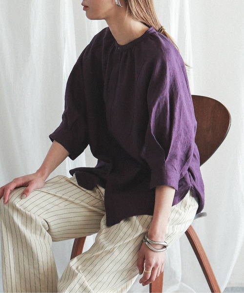 FIL DE FER（フィルデフェール）の「エアタン麻キャンバス スタンドネックブラウス（シャツ/ブラウス・レディース・パープル/グリーン・FREE）」の2枚目の写真
