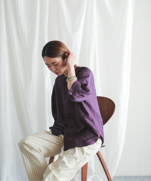 FIL DE FER（フィルデフェール）の「エアタン麻キャンバス スタンドネックブラウス（シャツ/ブラウス・レディース・パープル/グリーン・FREE）」の5枚目の写真