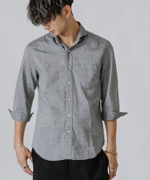 A.S.M(エーエスエム)の「麻コットン シャツ / ホリゾンタルカラー 7分袖 カラー 麻シャツ(シャツ/ブラウス・メンズ・サンドグレー/ブルー/ブラック/カーキ/サックスブルー/ネイビー/ホワイト/ライトピンク・50/52/48)」の3枚目の写真