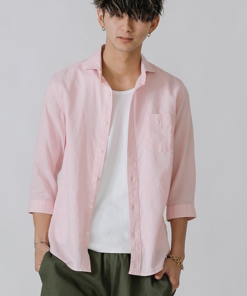 A.S.M(エーエスエム)の「麻コットン シャツ / ホリゾンタルカラー 7分袖 カラー 麻シャツ(シャツ/ブラウス・メンズ・サンドグレー/ブルー/ブラック/カーキ/サックスブルー/ネイビー/ホワイト/ライトピンク・50/52/48)」の8枚目の写真