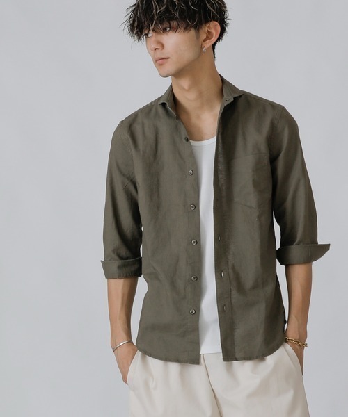 A.S.M(エーエスエム)の「麻コットン シャツ / ホリゾンタルカラー 7分袖 カラー 麻シャツ(シャツ/ブラウス・メンズ・サンドグレー/ブルー/ブラック/カーキ/サックスブルー/ネイビー/ホワイト/ライトピンク・50/52/48)」の4枚目の写真