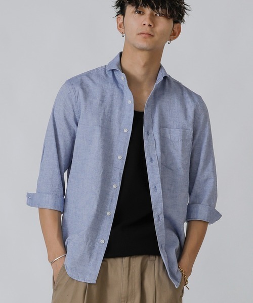 A.S.M(エーエスエム)の「麻コットン シャツ / ホリゾンタルカラー 7分袖 カラー 麻シャツ(シャツ/ブラウス・メンズ・サンドグレー/ブルー/ブラック/カーキ/サックスブルー/ネイビー/ホワイト/ライトピンク・50/52/48)」の7枚目の写真