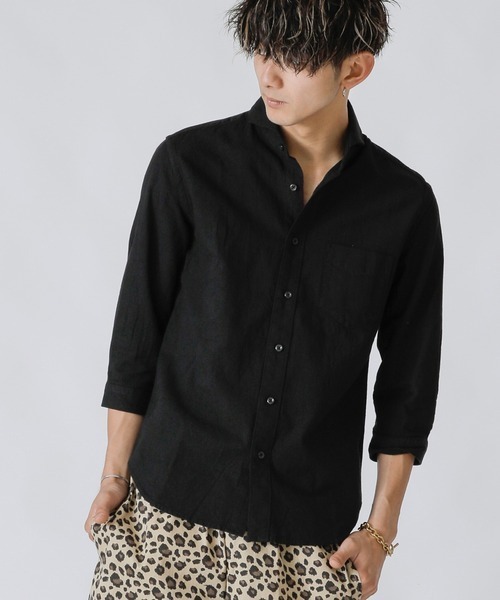 A.S.M(エーエスエム)の「麻コットン シャツ / ホリゾンタルカラー 7分袖 カラー 麻シャツ(シャツ/ブラウス・メンズ・サンドグレー/ブルー/ブラック/カーキ/サックスブルー/ネイビー/ホワイト/ライトピンク・50/52/48)」の1枚目の写真