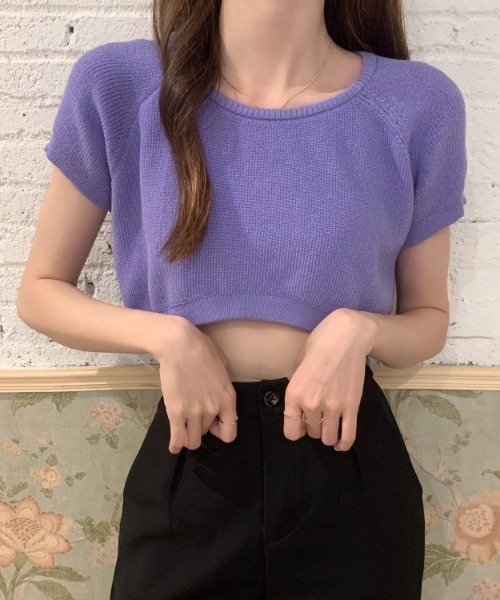 MANGROVE（マングローブ）の「ラウンドネッククロップドニットトップス（Tシャツ/カットソー・レディース・ブラウン/パープル/アイボリー/レッド/ホワイト/ブラック/ブルー/ピンク・FREE）」の6枚目の写真