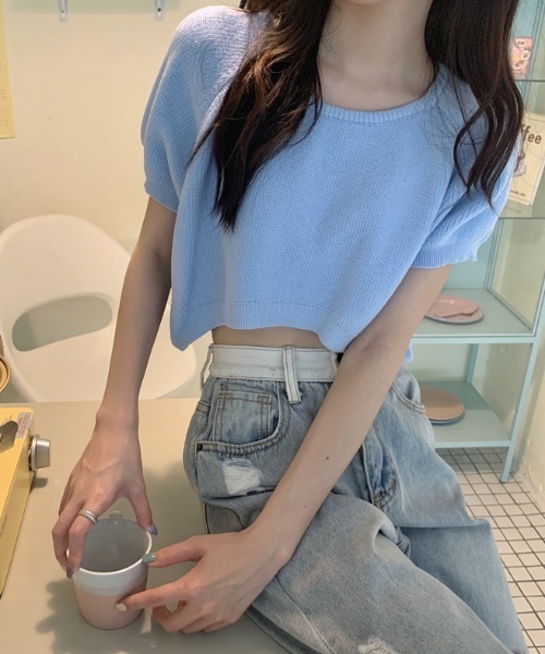 MANGROVE（マングローブ）の「ラウンドネッククロップドニットトップス（Tシャツ/カットソー・レディース・ブラウン/パープル/アイボリー/レッド/ホワイト/ブラック/ブルー/ピンク・FREE）」の5枚目の写真