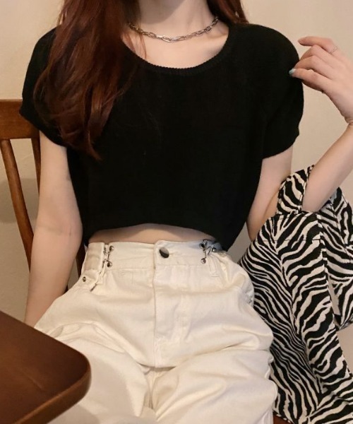 MANGROVE（マングローブ）の「ラウンドネッククロップドニットトップス（Tシャツ/カットソー・レディース・ブラウン/パープル/アイボリー/レッド/ホワイト/ブラック/ブルー/ピンク・FREE）」の3枚目の写真