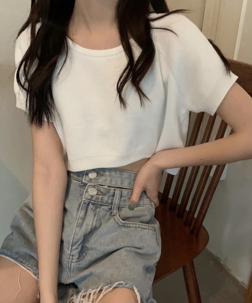 MANGROVE（マングローブ）の「ラウンドネッククロップドニットトップス（Tシャツ/カットソー・レディース・ブラウン/パープル/アイボリー/レッド/ホワイト/ブラック/ブルー/ピンク・FREE）」の20枚目の写真