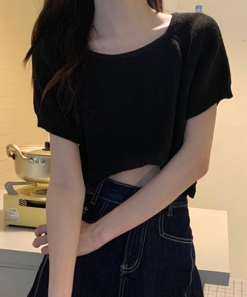 MANGROVE（マングローブ）の「ラウンドネッククロップドニットトップス（Tシャツ/カットソー・レディース・ブラウン/パープル/アイボリー/レッド/ホワイト/ブラック/ブルー/ピンク・FREE）」の15枚目の写真