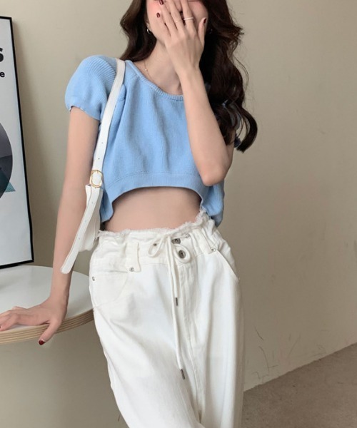 MANGROVE（マングローブ）の「ラウンドネッククロップドニットトップス（Tシャツ/カットソー・レディース・ブラウン/パープル/アイボリー/レッド/ホワイト/ブラック/ブルー/ピンク・FREE）」の16枚目の写真