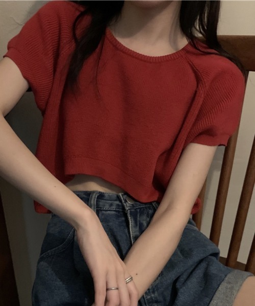 MANGROVE（マングローブ）の「ラウンドネッククロップドニットトップス（Tシャツ/カットソー・レディース・ブラウン/パープル/アイボリー/レッド/ホワイト/ブラック/ブルー/ピンク・FREE）」の14枚目の写真