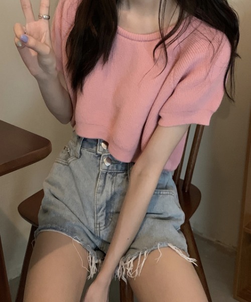 MANGROVE（マングローブ）の「ラウンドネッククロップドニットトップス（Tシャツ/カットソー・レディース・ブラウン/パープル/アイボリー/レッド/ホワイト/ブラック/ブルー/ピンク・FREE）」の11枚目の写真